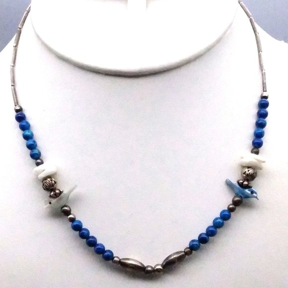 Vintage Rose Beads Necklace in Silver Tone with Blue, Mother of Pearl and Carved - Picture 1 of 4